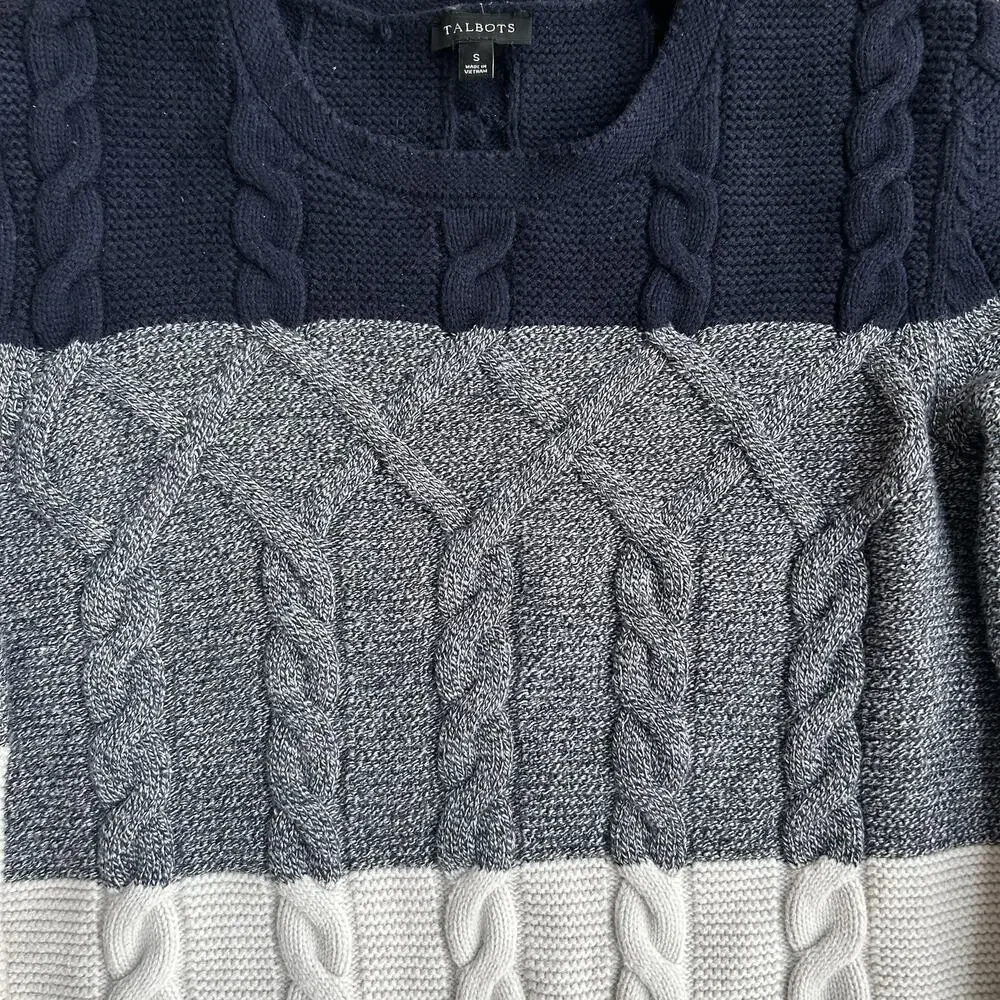 Talbots Chunky Cable Knit Nautical Sweater Size Small Color Block Blue White - Picture 6 of 11